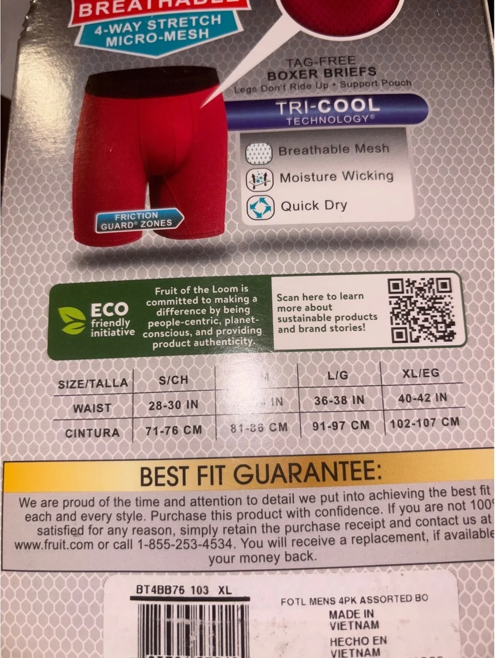 Fruit of the Loom Select Mens XL 4 Pack Tri-Cool Mesh Boxer Briefs NIB